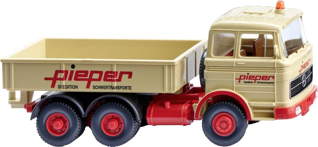 Igrača tovornjaka v bež in rdeči barvi z napisom 'pieper Spedition Schwertransporte' na strani prikolice.