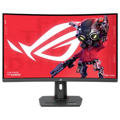 Ukrivljen gaming zaslon prikazuje futuristično robotsko maskoto z orožjem pred rdečim ozadjem z logotipom ROG.