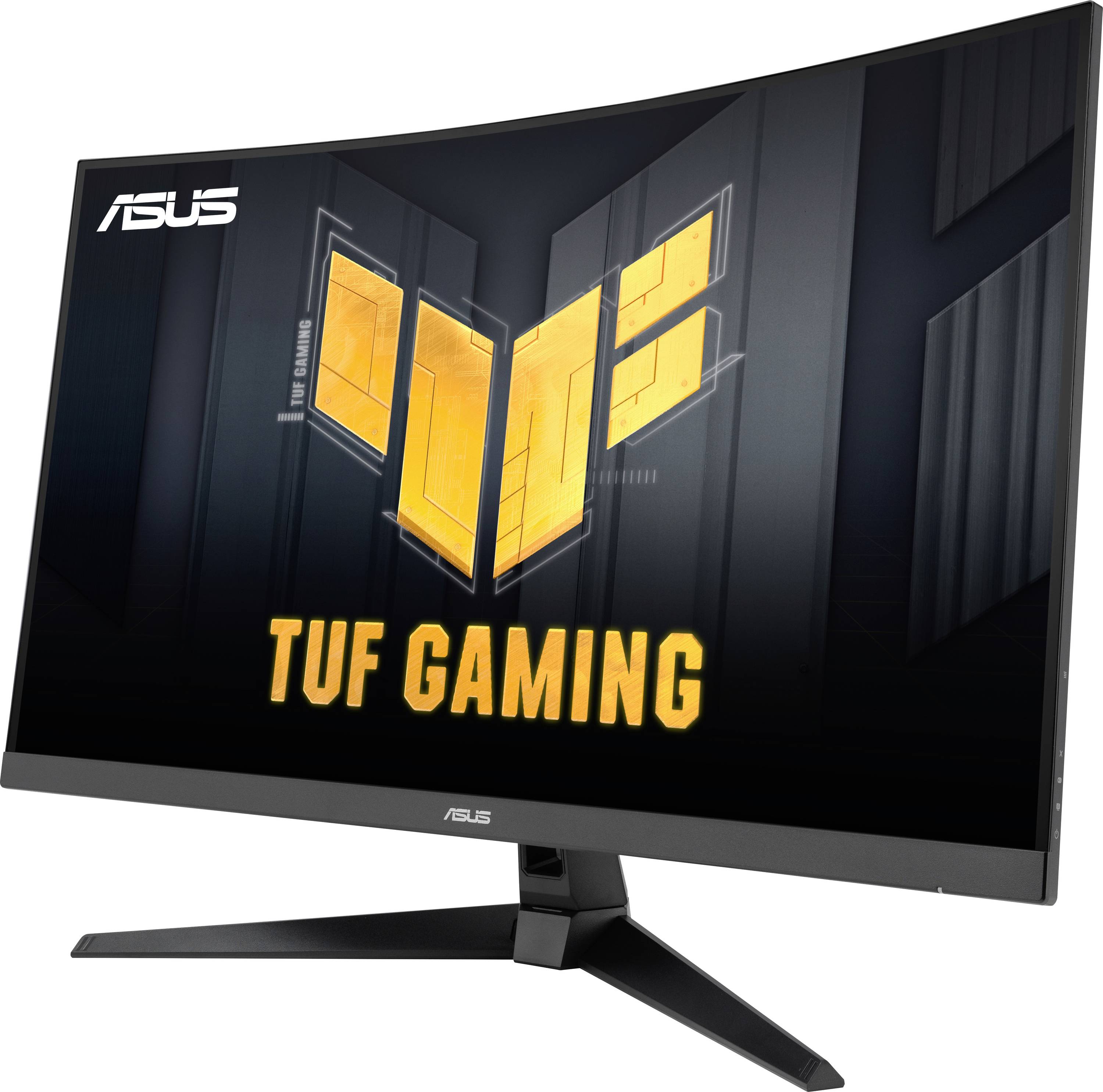 Ukrivljen gaming monitor znamke TUF podjetja Asus z velikim zaslonom in sodobnim dizajnom, idealen za intenzivno gaming izkušnjo.