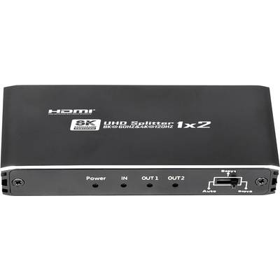 Črni HDMI UHD razdelilnik 1x2, podpira 8K pri 60 Hz in 4K pri 120 Hz. Sprednja stran z indikatorji napajanja in izhodov.