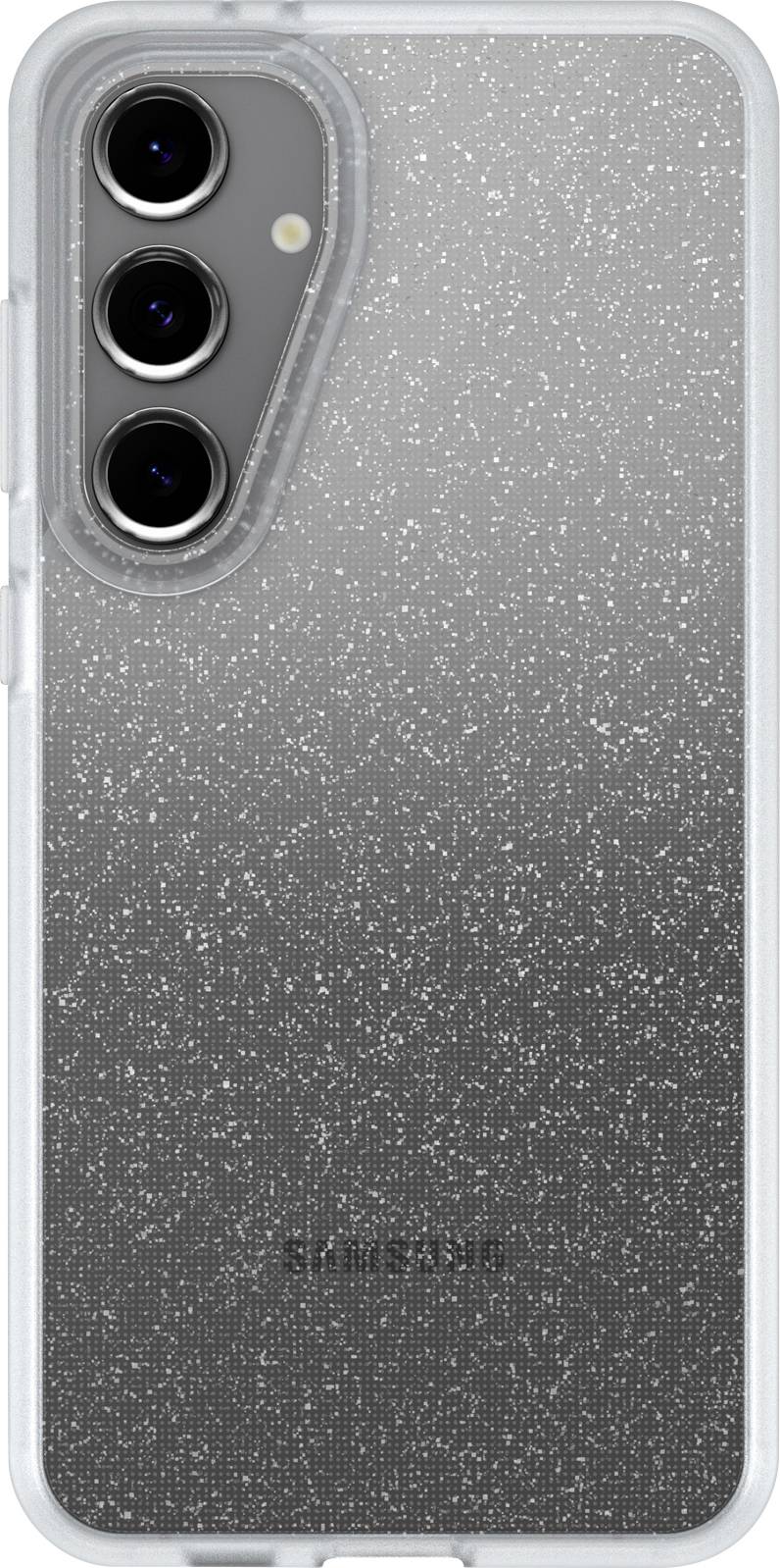 Pametni telefon z bleščečo hrbtno stranjo v slogu bleščic in prosojnim ovitkom. Vidne so tri leče kamere.
