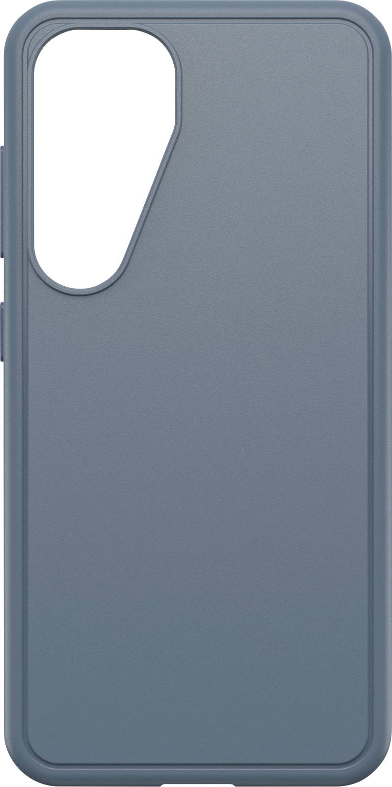 Modra mobilna ovitek z minimalističnim dizajnom in izrezom za objektiv kamere.