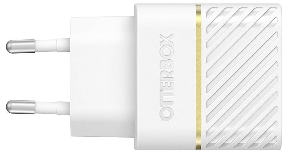 Bela polnilka z dvema priključkoma in zlatim detajlnim trakom. Blagovna znamka je 'OTTERBOX'.