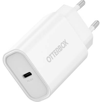 Bela polnilna naprava z napisom 'OtterBox' in priključkom USB-C, primerna za evropske električne vtičnice.