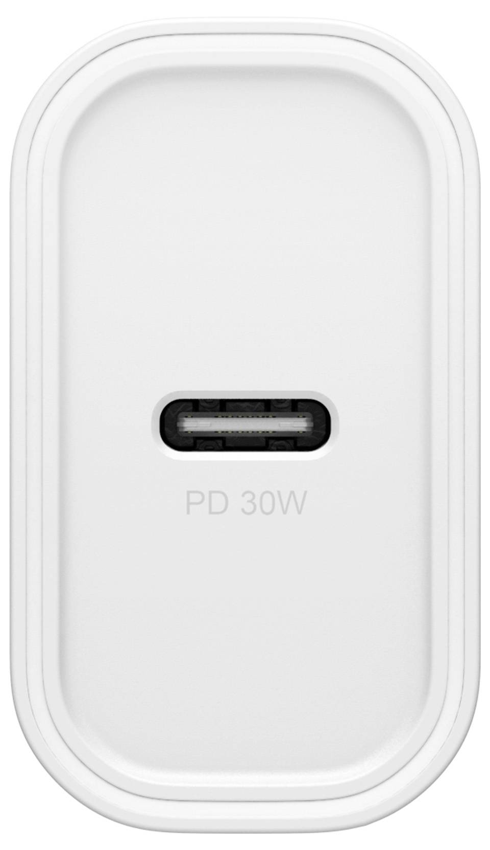 Bela USB-C vtičnica za polnjenje z napisom 'PD 30W', primerna za hitro polnjenje.