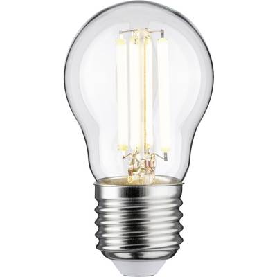 LED-žarnica s filamenti, prižgana, na beli podlagi. Žarnica ima tradicionalno obliko in oddaja toplo belo svetlobo.