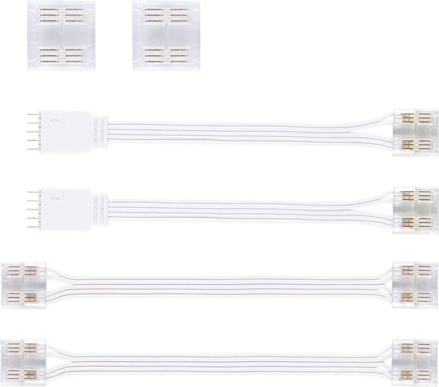 Štirje beli LED-trakovi connectorji s prozornimi sponkami in kabli, simetrično razporejeni.