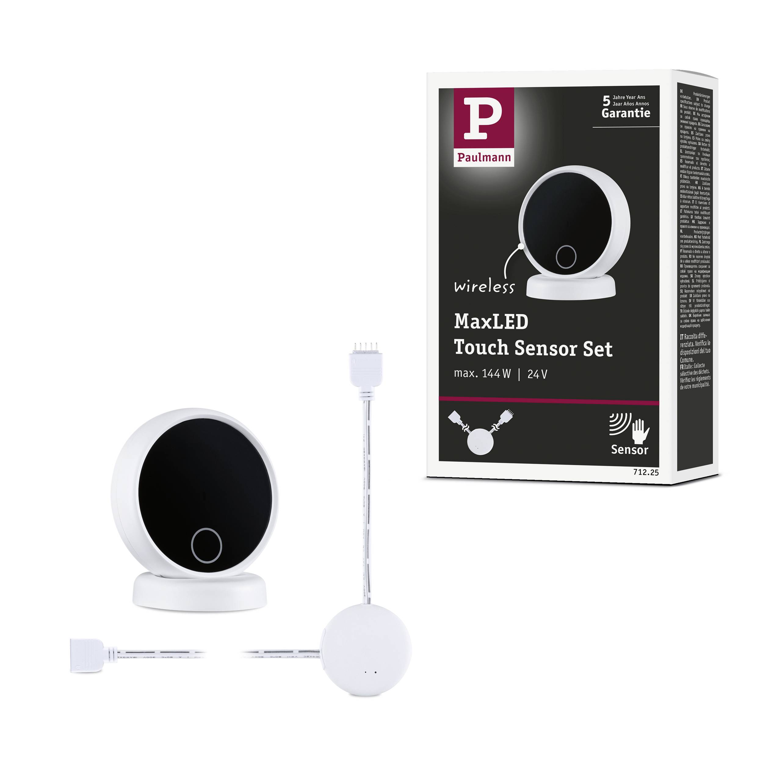 MaxLED Touch Senzorski Komplet: Brezbežni touch senzor z največ 144 W in 24 V, idealen za upravljanje LED-svetil v bivalnih prostorih. Embalaža prikazuje sliko izdelka in garancijsko opozorilo.
