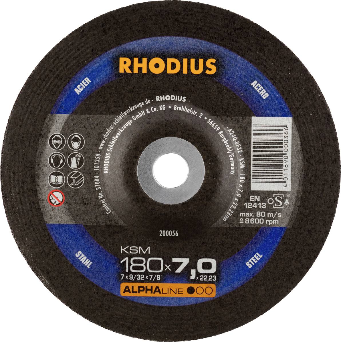 "Rhodius" rezalna plošča za jeklo, premer 180 mm, debelina 7,0 mm, maksimalna hitrost vrtenja 8600 obratov/min, proizvajalec: Rhodius Schleifwerkzeuge.
