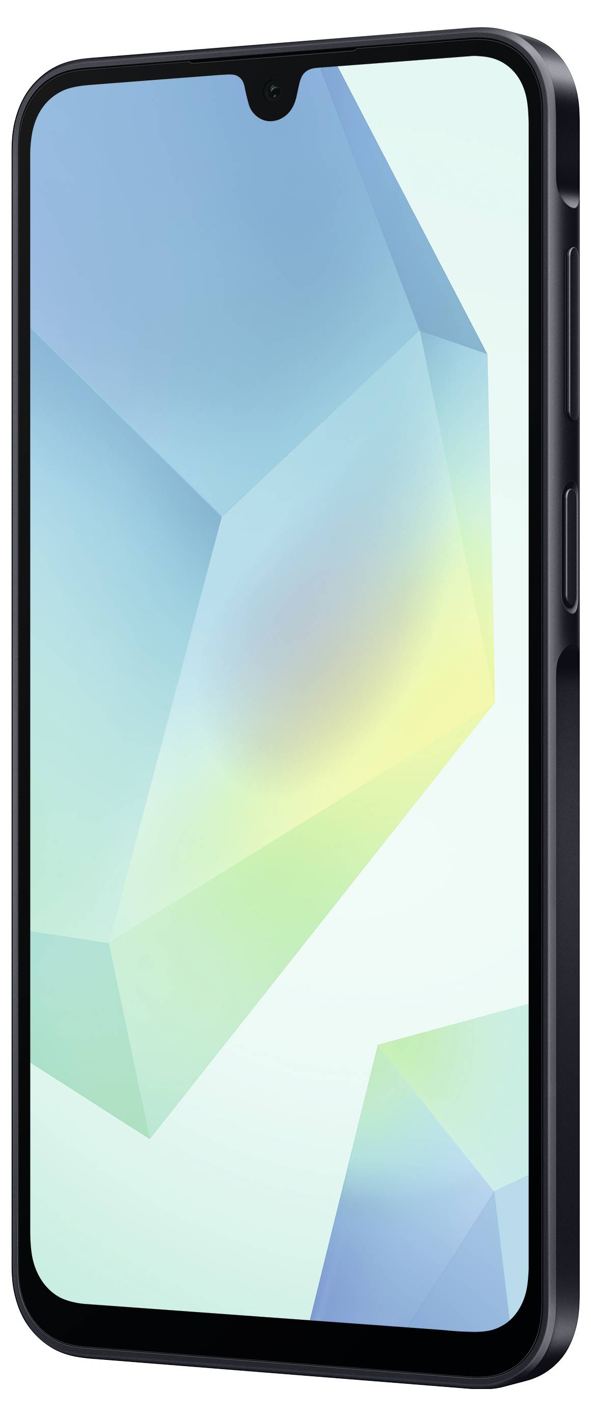 Pametni telefon s črnim ohišjem in zaslonom, ki prikazuje abstraktni geometrijski vzorec v svetlo modri barvi.