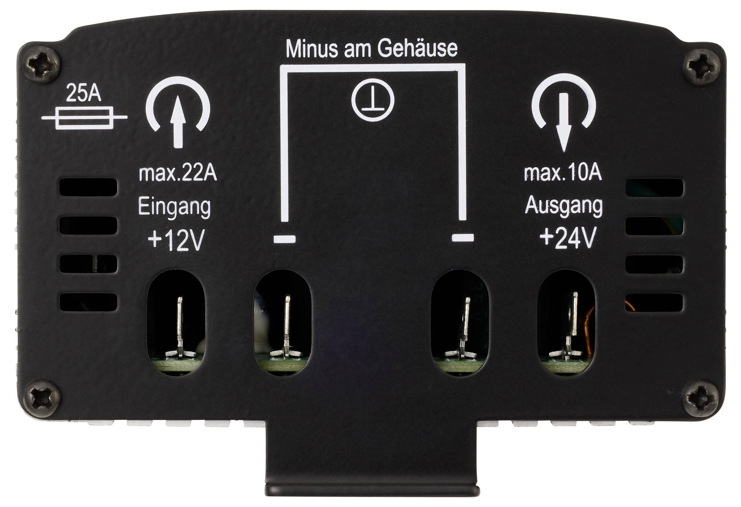 Električna naprava z oznakami: 25 A vhod, maks. 22 A vhod pri +12 V, maks. 10 A izhod pri +24 V, minus na ohišju (simbol mase).