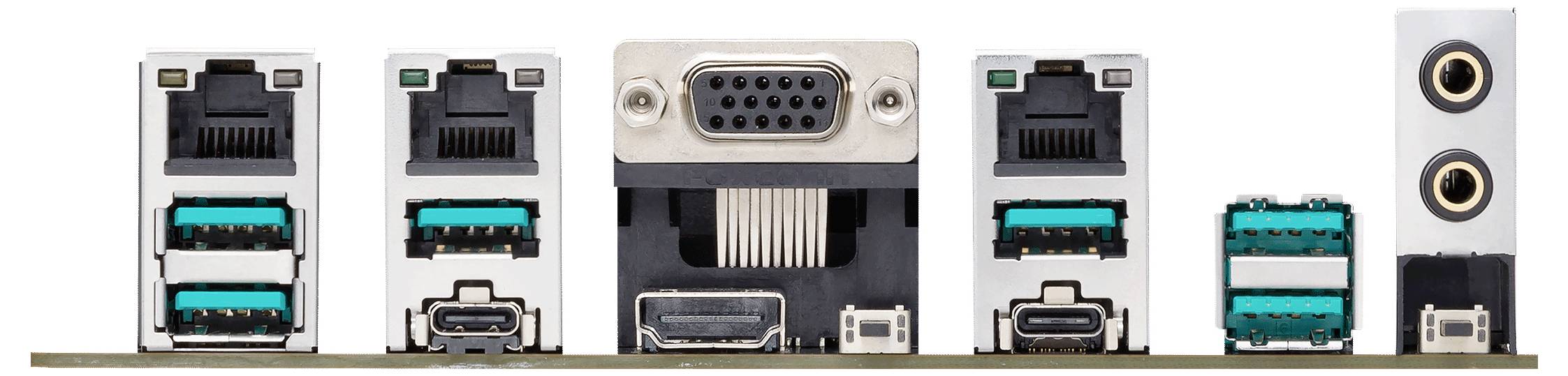 Zadnja stran računalniškega matičnega boards z različnimi priključki: Ethernet, USB, VGA, HDMI in avdio priključki.