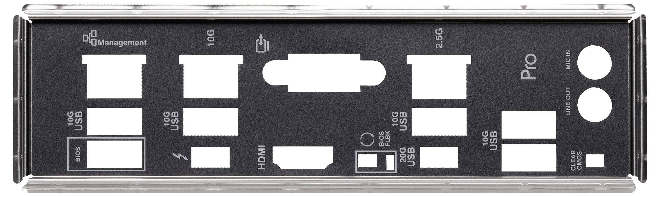 Zadnja stran računalniškega matičnega boardа z različnimi priključki: USB, HDMI, ethernetnimi vrati (10G, 2.5G), avdio in Thunderbolt.