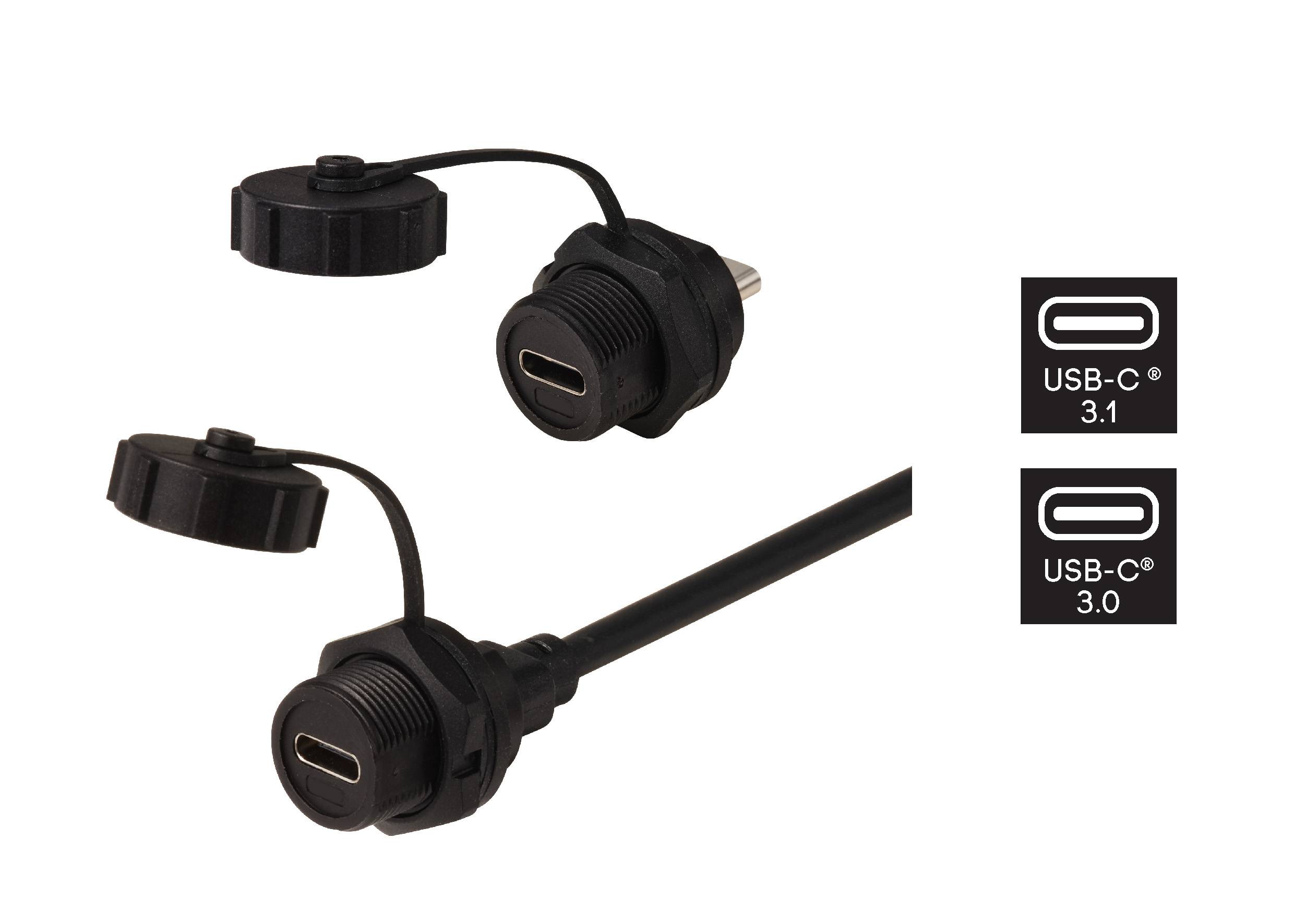 Dva USB-C priključka z pokrovi. Priključka sta primerna za USB 3.1 in USB 3.0, kar je razvidno iz simbolov.