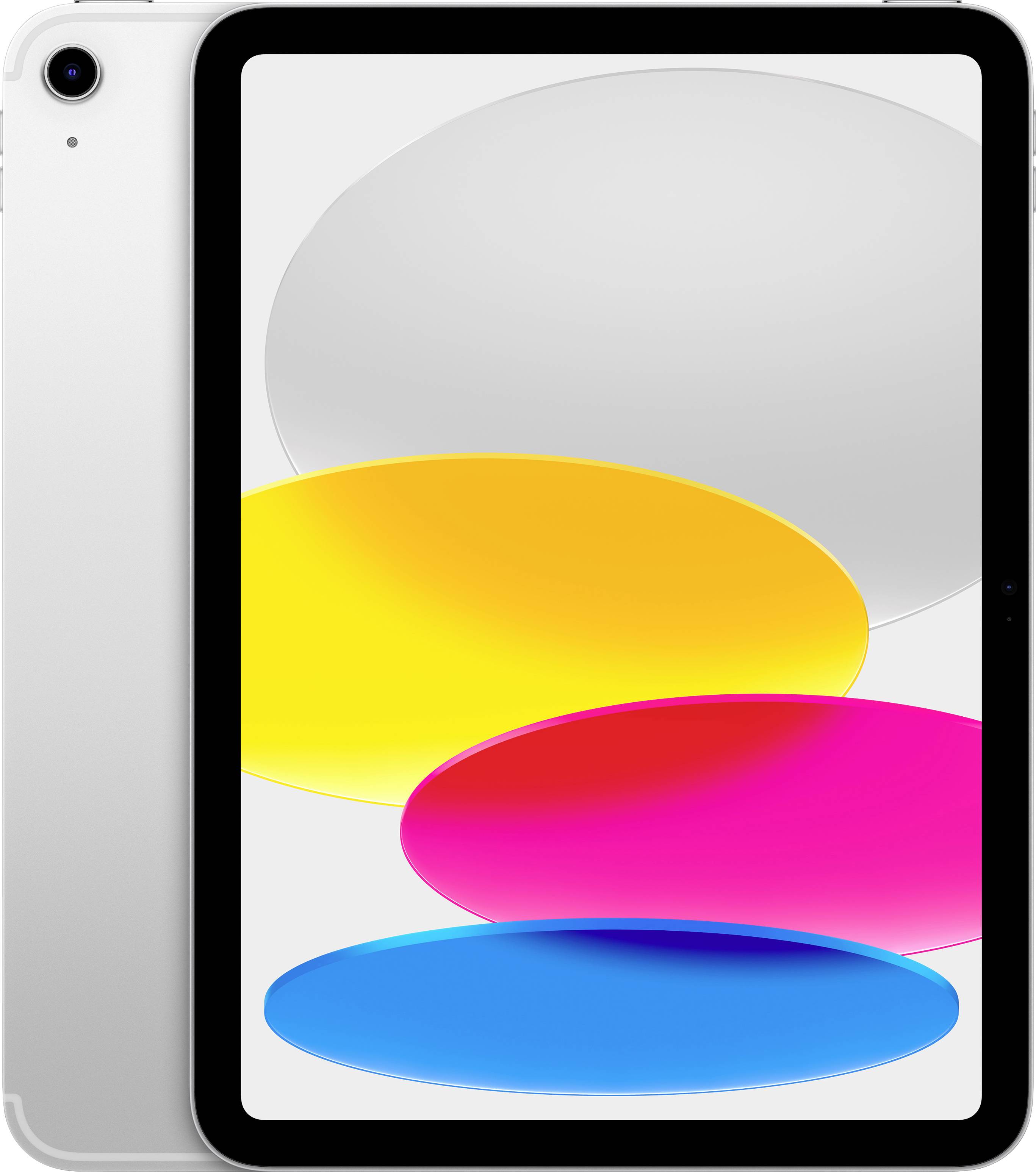 Tablica z zaslonom, na katerem so štiri barvne ovalne oblike: rumena, oranžna, rožnata in modra. Tablica ima srebrno zadnjo stran.