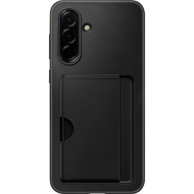 Črni pametni telefon v ovitku z integrirano, zložljivo držalo. Zadnja stran prikazuje tri fotoaparatne objektive in bliskavico.