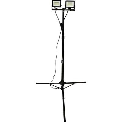 Dve LED-delovni svetilki na teleskopskem stojalu, povezani z žico. Idealni za gradbišča ali delavnice.