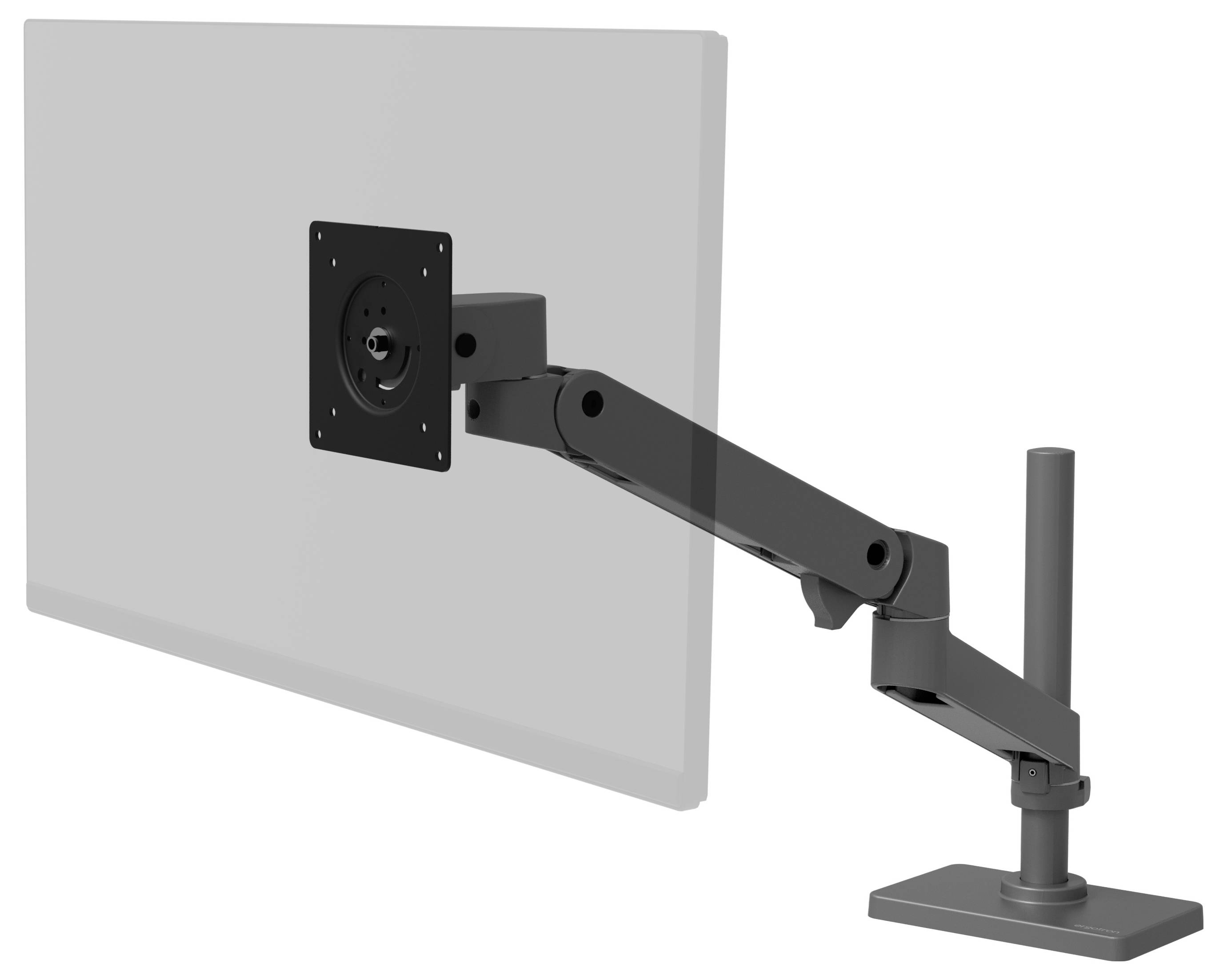 Črn monitor arm z gibljivim sklepom za pritrjevanje na mizo. Omogoča fleksibilno postavljanje monitorjev v različne položaje.