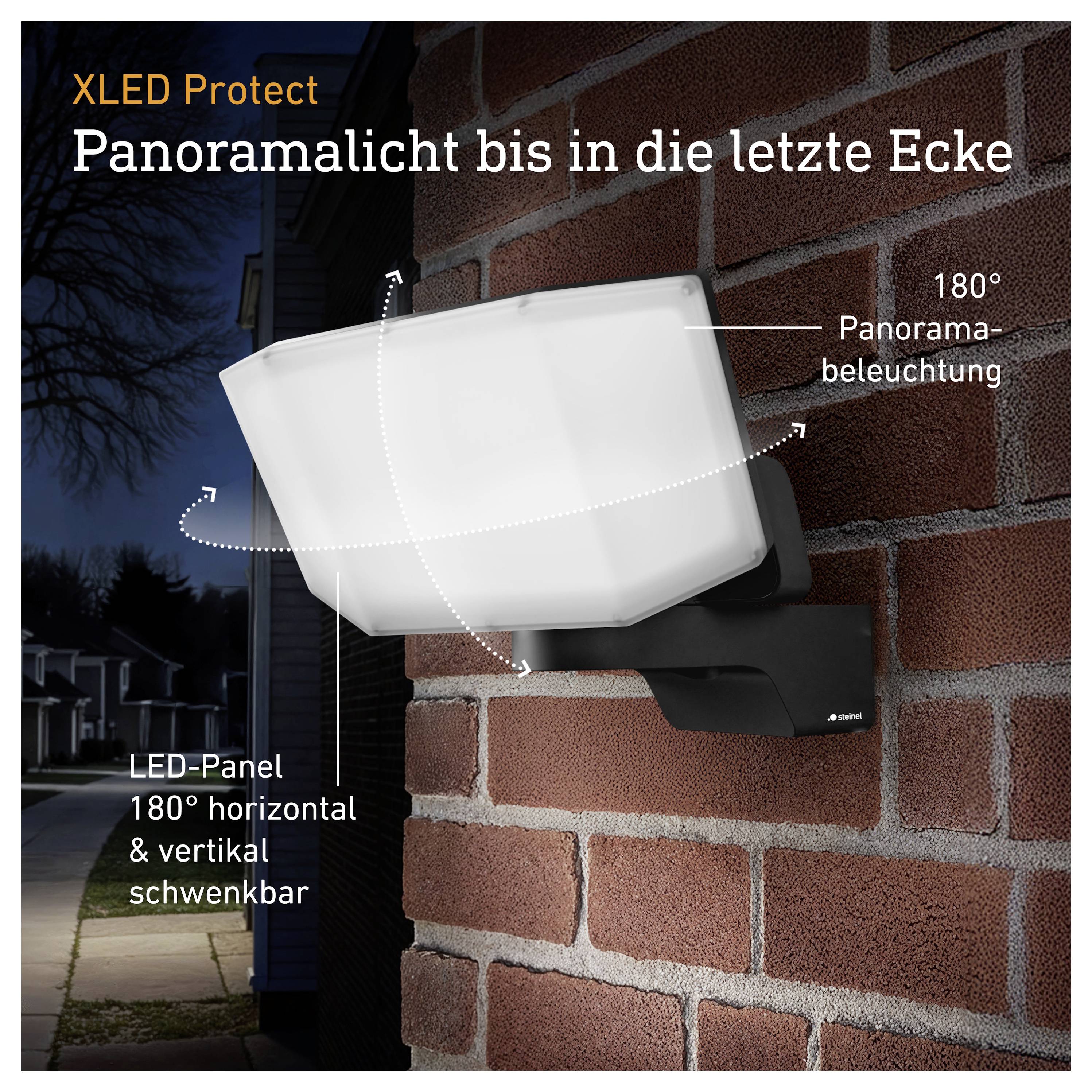 Oglas za XLED Protect: Zunanja svetilka na opečni steni s 180° panoramskim osvetljevanjem in premičnim LED-panelom; besedilo: 'Panoramska svetloba v vsak zadnji kot'.