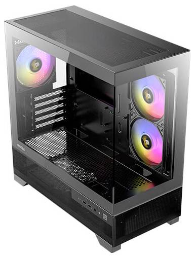 Ohišje za PC s steklenimi stenami in RGB osvetljenimi ventilatorji, primerno za gaming računalnike. Ventilatorji svetijo v različnih barvah.