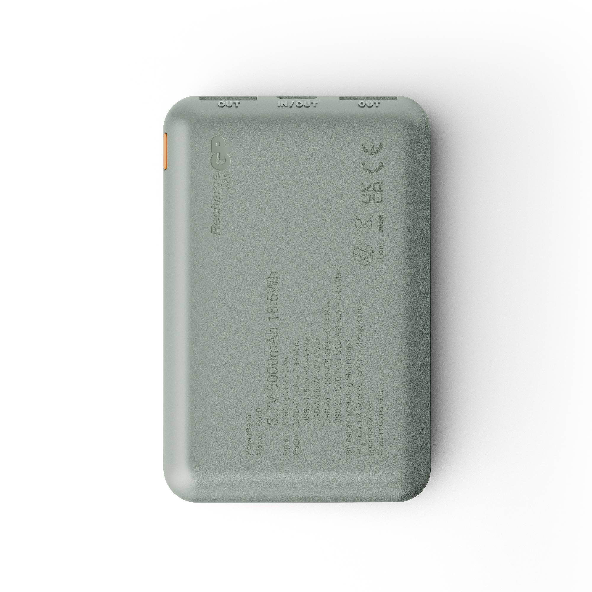 Akumulator s kapaciteto 5000 mAh, prikazuje varnostne in podatke o proizvajalcu. Vsebuje certifikacijske znake CE in UKCA.