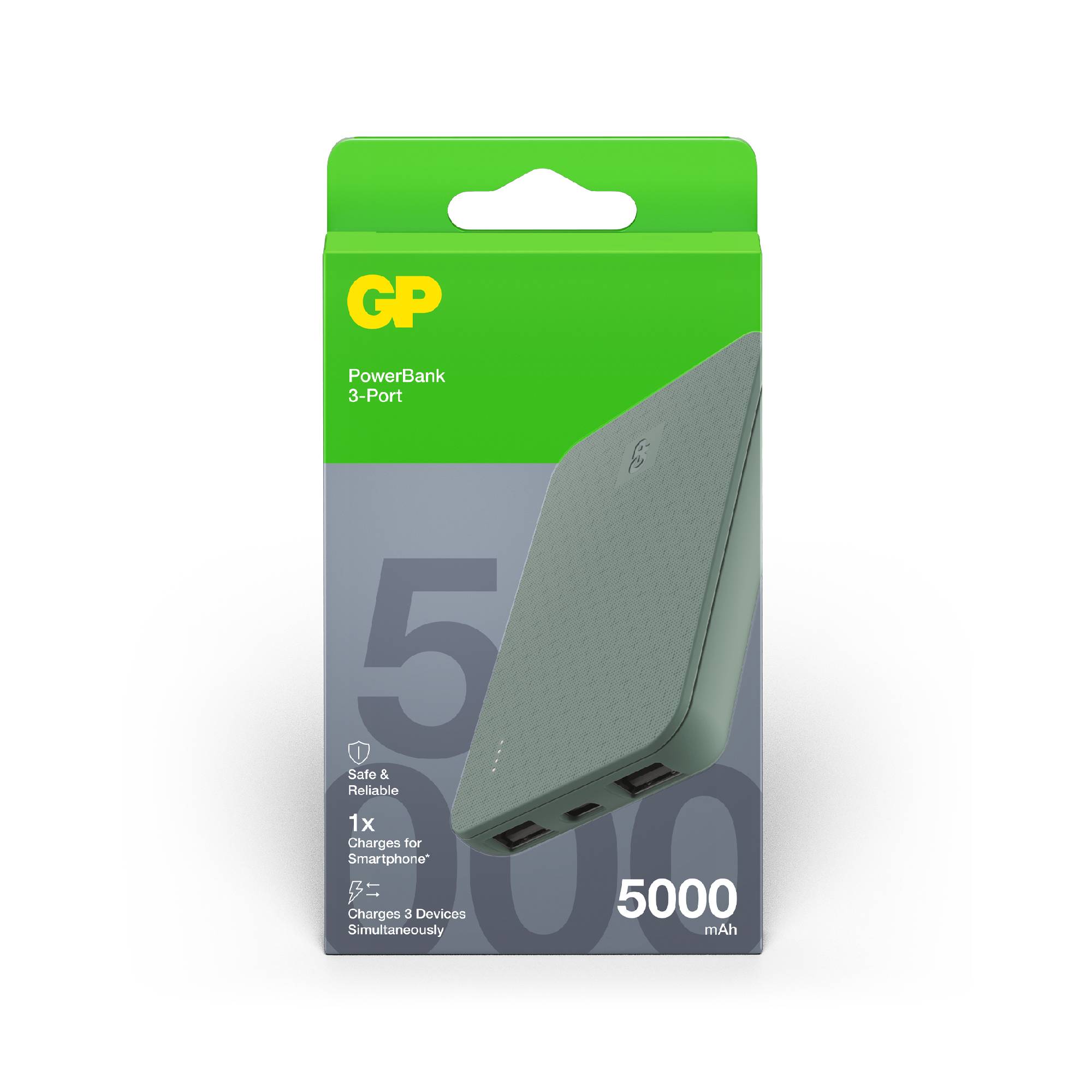 Zelena embalaža mobilne baterije z napisom 'GP PowerBank 3-Port 5000 mAh'. Prikazuje sliko izdelka, primernega za pametne telefone.