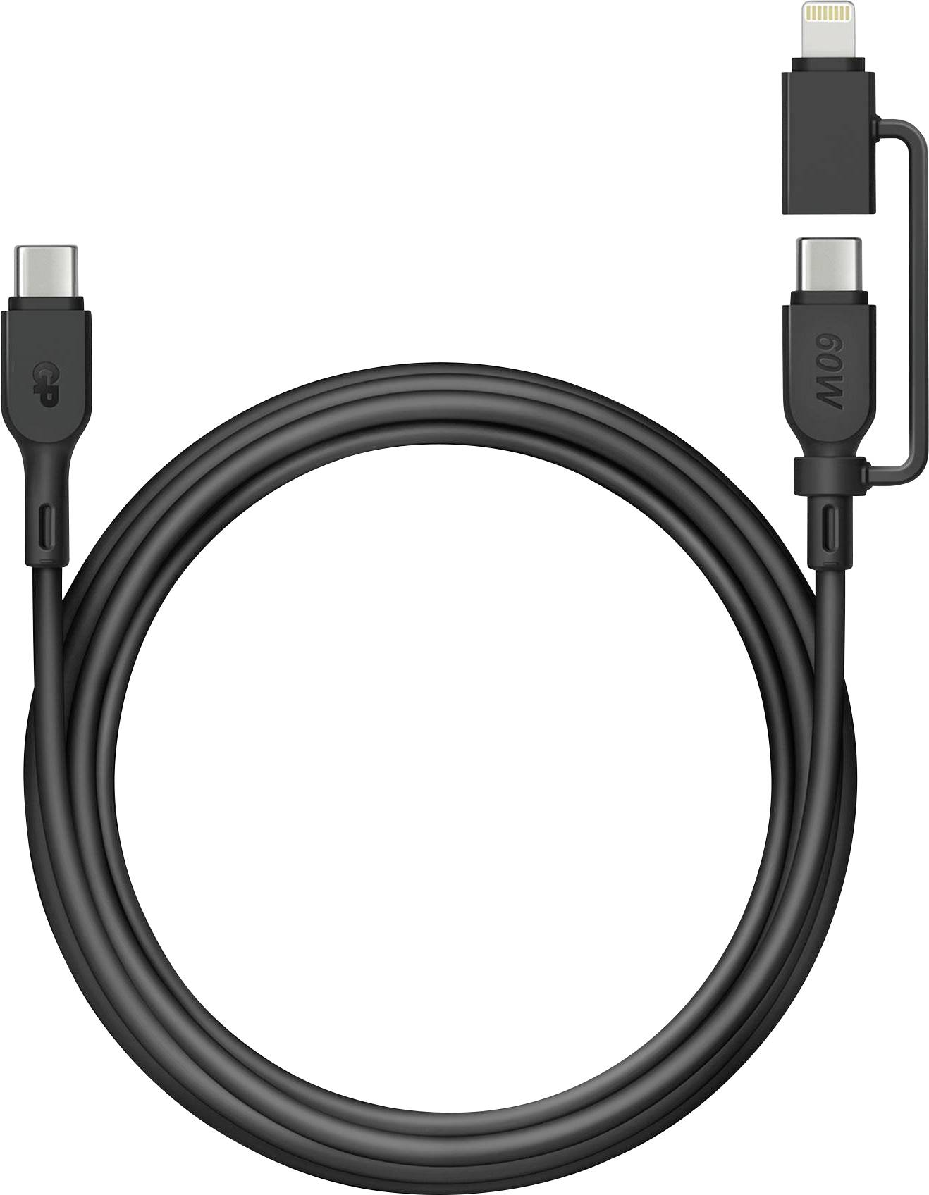 Črn USB-C kabel z odstranljivim Lightning adapterjem, primeren za polnjenje in prenos podatkov med različnimi napravami.