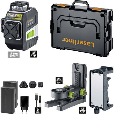 Komplet 'Laserliner' s kovčkom, laserskim merilnikom, baterijami, držalom in adapterjem. Idealen za gradbena dela in geodetske meritve.