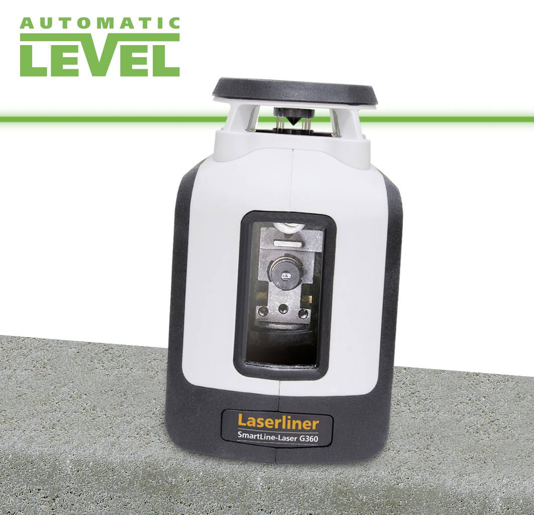 Samodejen laserski nivelir SmartLine-Laser G360 na sivi podlagi, uporabljen za natančno niveliranje. V ozadju piše 'AUTOMATIC LEVEL'.