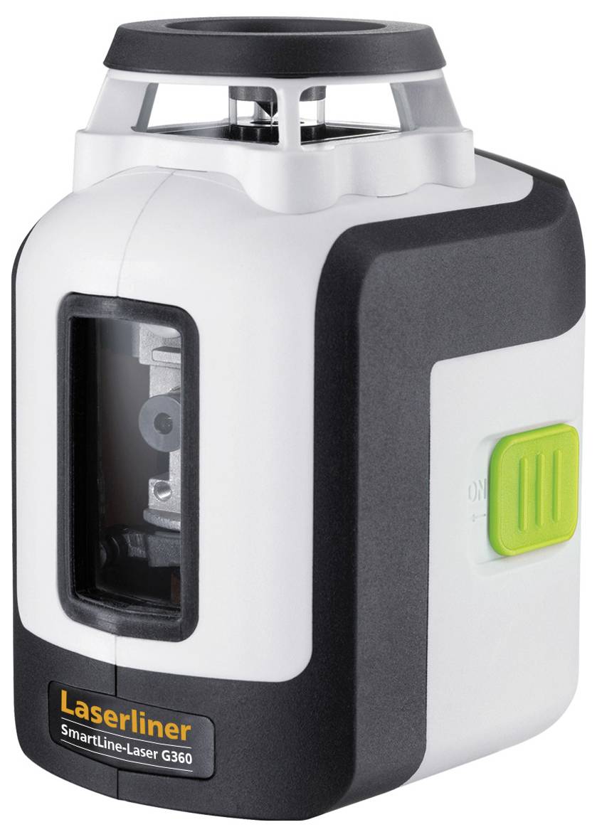 Bel in črn laserski nivelir Laserliner G360 z zelenim vklopnim gumbom, primeren za natančna nivelacijska dela.