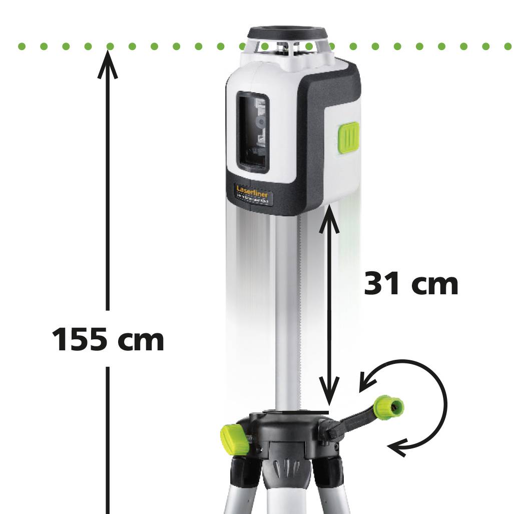 Laserski merilni instrument na stojalu, 155 cm v polni višini, velikost naprave 31 cm.