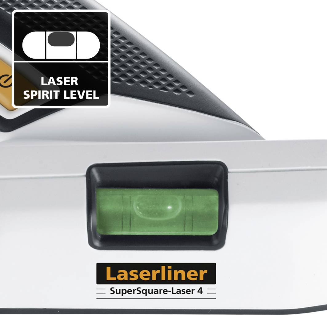 Laserski vodomer z zelenim indikatorjem nivoja, oznaka 'Laserliner SuperSquare-Laser 4'.