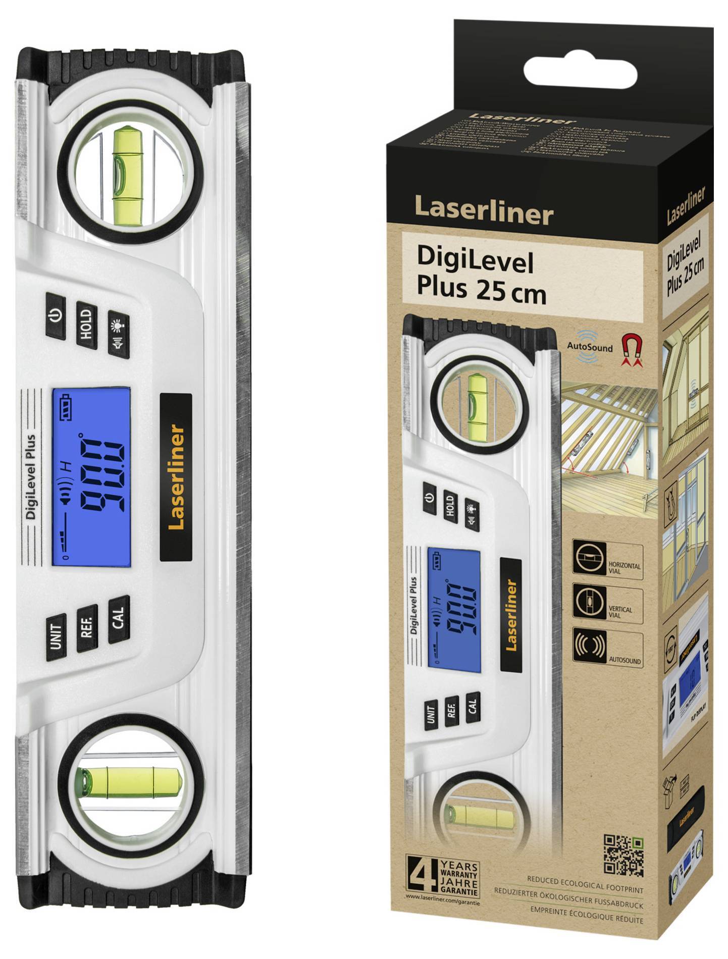 Vodna tehtnica 'Laserliner DigiLevel Plus 25 cm' z digitalnim prikazovalnikom in mehurčki, prikazana poleg originalne embalaže.