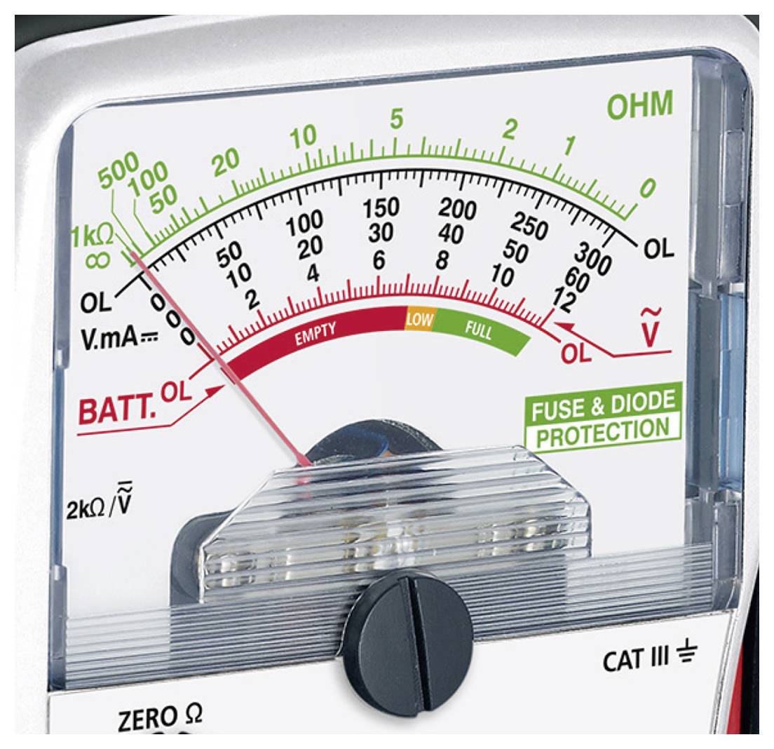 Analogni multimeter prikazuje ohmske meritve z oznakami za izpraznjenost baterije, varovalke in zaščito diod.