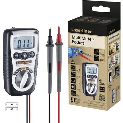 Laserlinerjevo multimeter žepne velikosti poleg embalaže. Na zaslonu piše '011'. Vidni sta dve merilni konici.