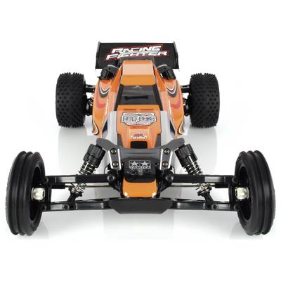 Oranžno-črn daljinsko upravljan model dirkalnega vozila z velikimi pnevmatikami in napisom 'Racing Fighter'.