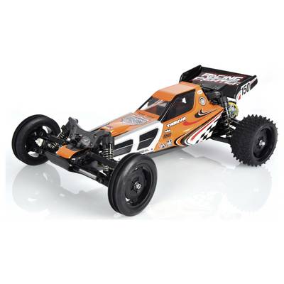 Oranžno-črn daljinsko voden dirkaški buggy z nalepkami in velikimi kolesi na belem ozadju.