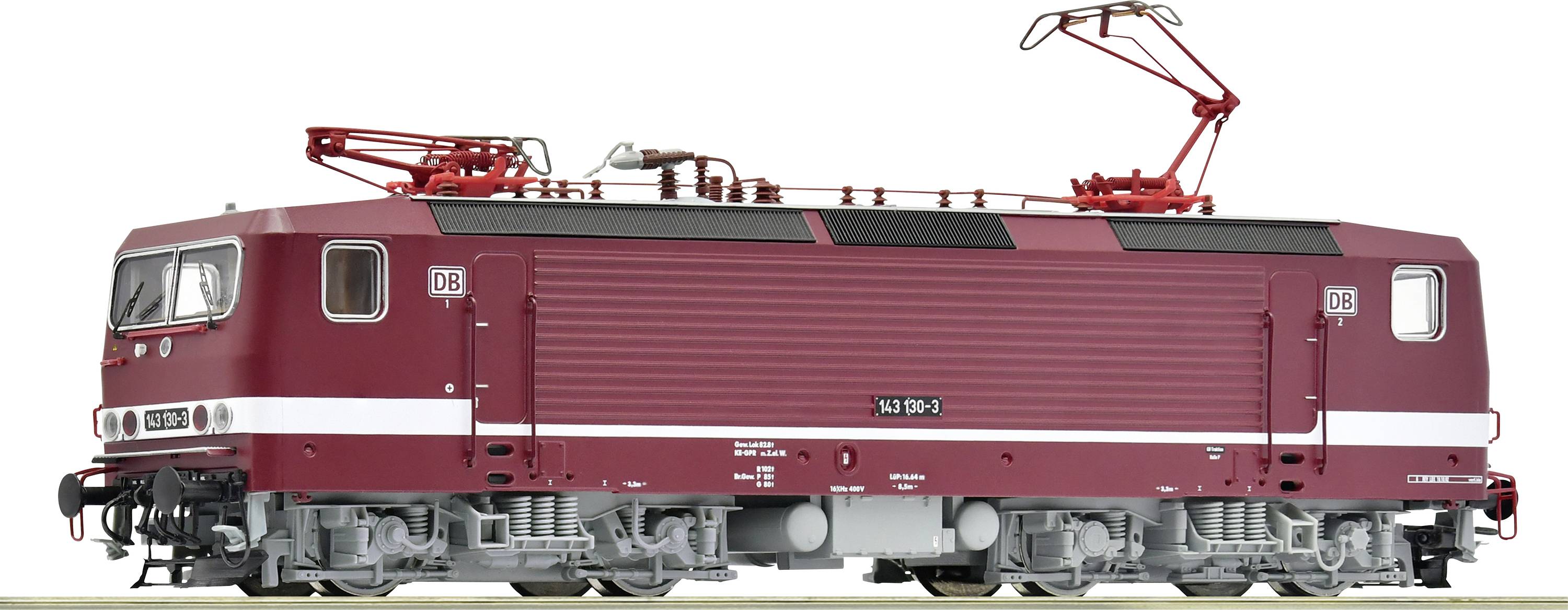 Rdeč model nemške električne lokomotive z napisom '143 579-5'. Ima rdeče tokovnike in podrobne okrasne elemente.
