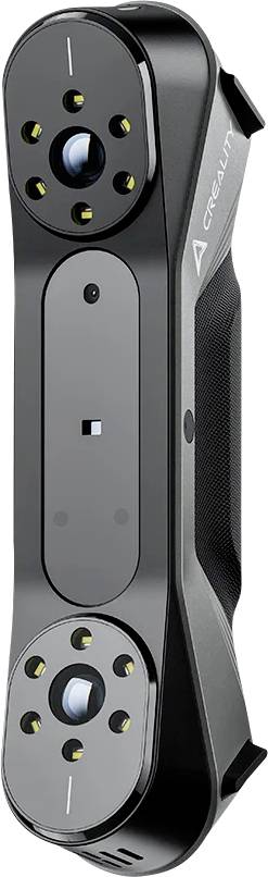 Črn 3D-skener z dvema kamerama zgoraj in spodaj, obdan z več majhnimi lučmi.