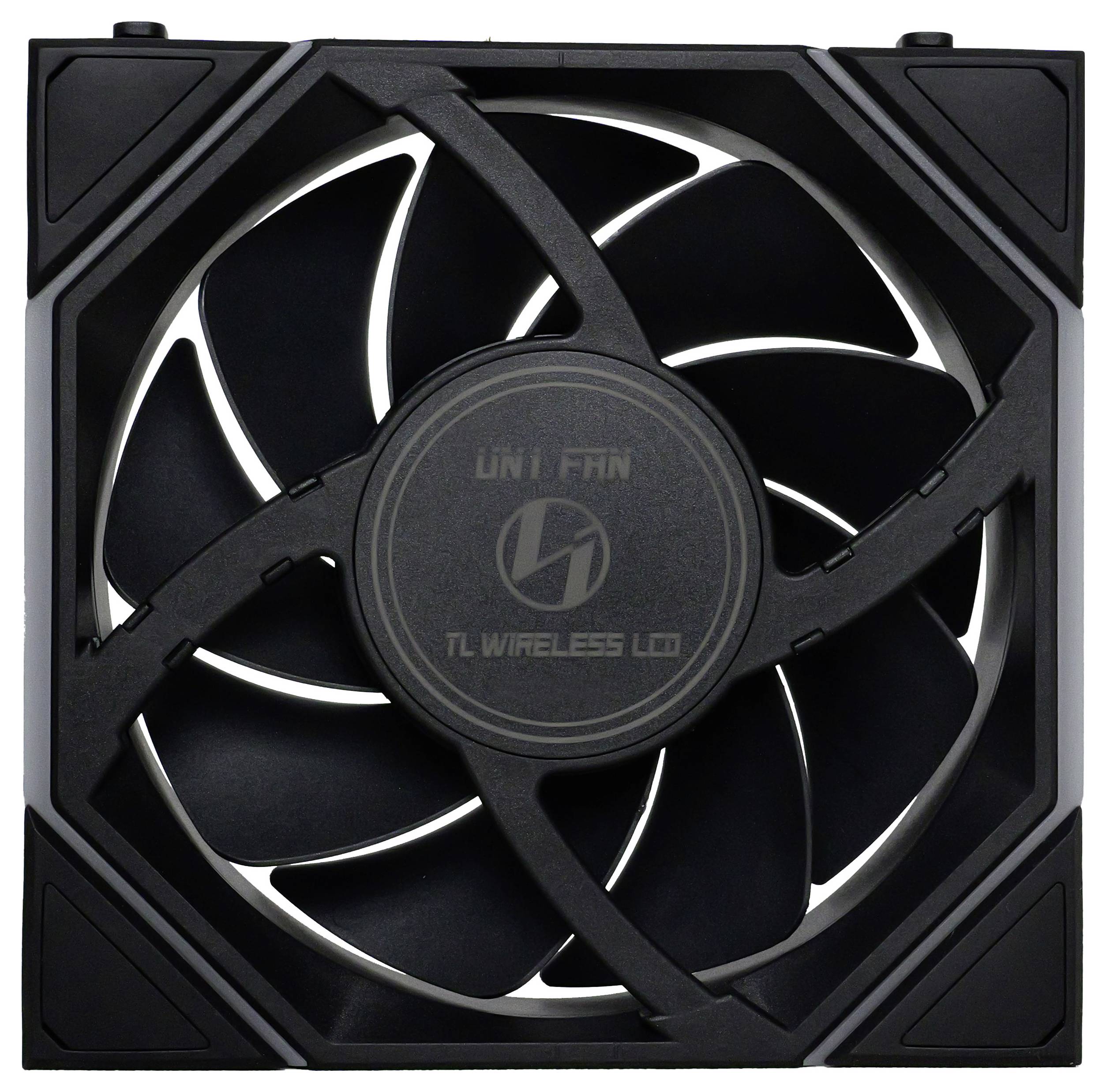 Črn računalniški ventilator z devetimi ukrivljenimi rotorskimi krili, nameščen v kvadratnem okvirju. Osrednji del prikazuje napis 'UNI FAN TL WIRELESS LED'.