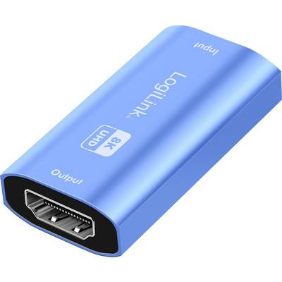 Moder HDMI-adapter LogiLink, z oznakama 'Input' in 'Output'. Podpira 8K UHD.