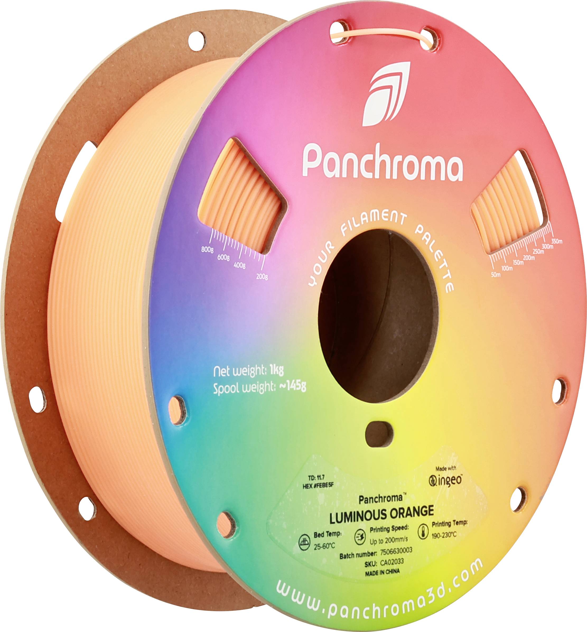 3D tiskalnik filament kolut v svetleče oranžni barvi od Panchroma, 1 kg neto, primeren za temperature od 205-225 stopinj Celzija.