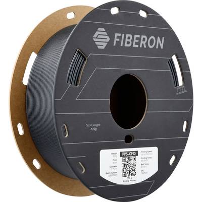 Kolut iz filamenta za 3D tiskalnik podjetja Fiberon, temno sive barve, z nalepko s QR kodo in tehničnimi podatki.