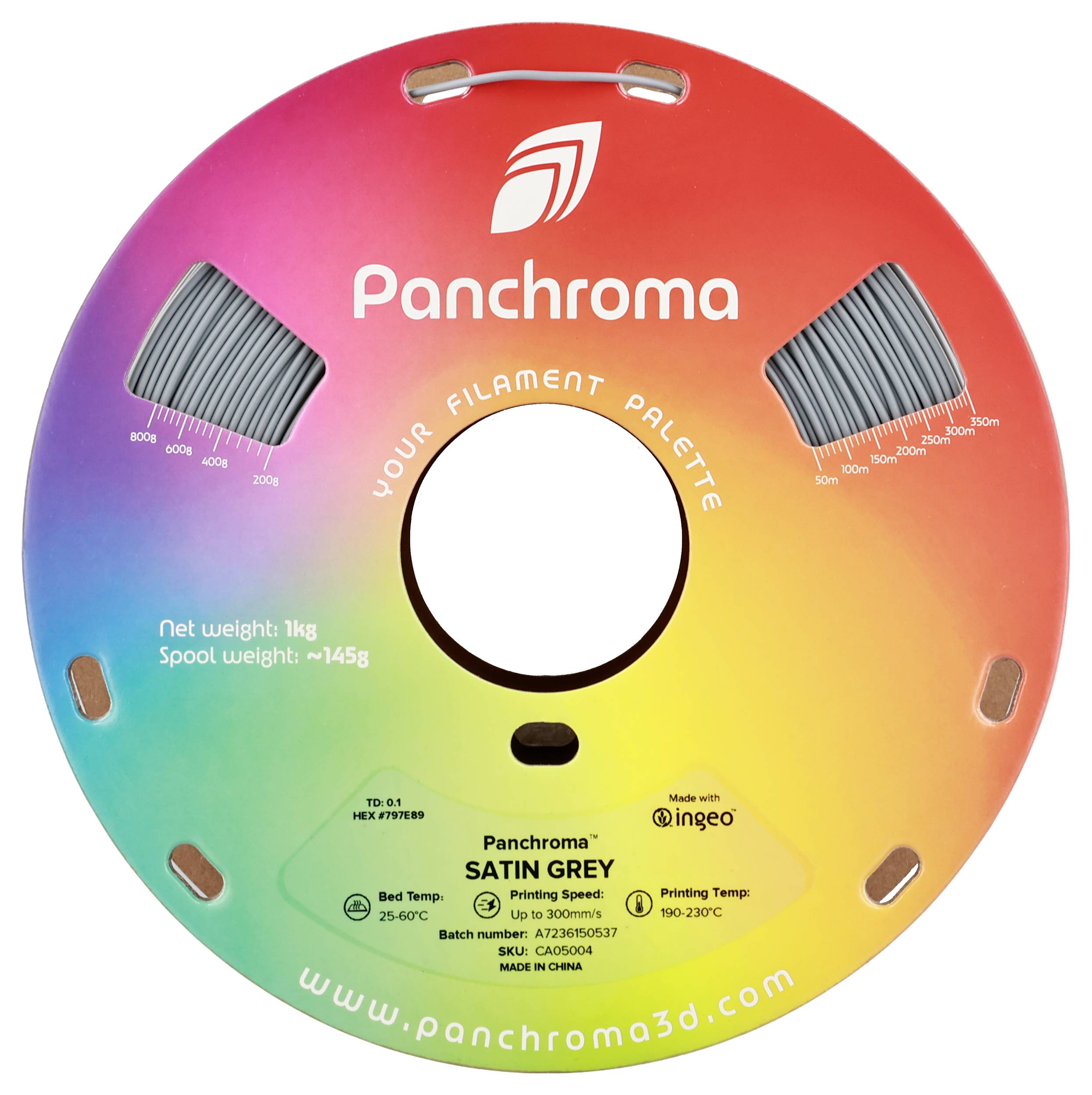'Panchroma Satin Grey' filamentna rolka, 1 kg neto teža, teža tuljave cca 145 g. Temperatura tiskanja 190-230°C, temperatura postelje 25-60°C.