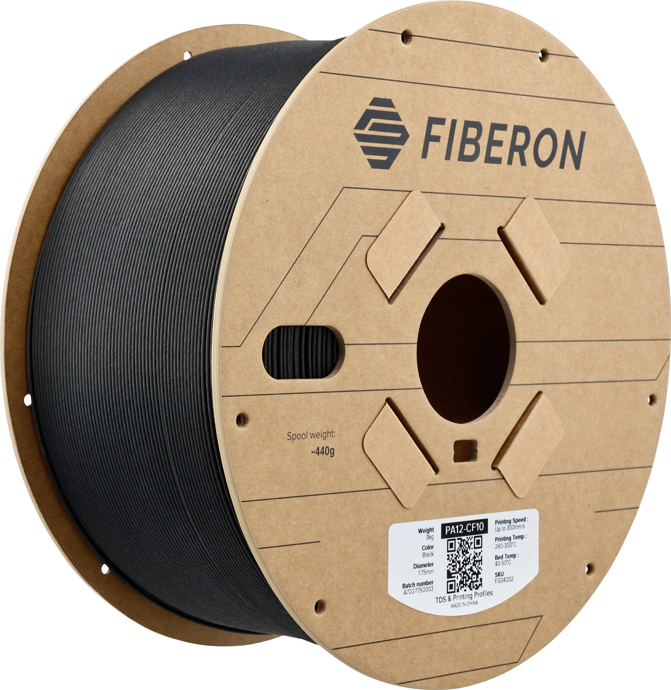 Kolut s črnim filamentom znamke 'Fiberon', primeren za 3D tisk. Teža: 440g. Vsebuje črtno kodo za informacije o izdelku.