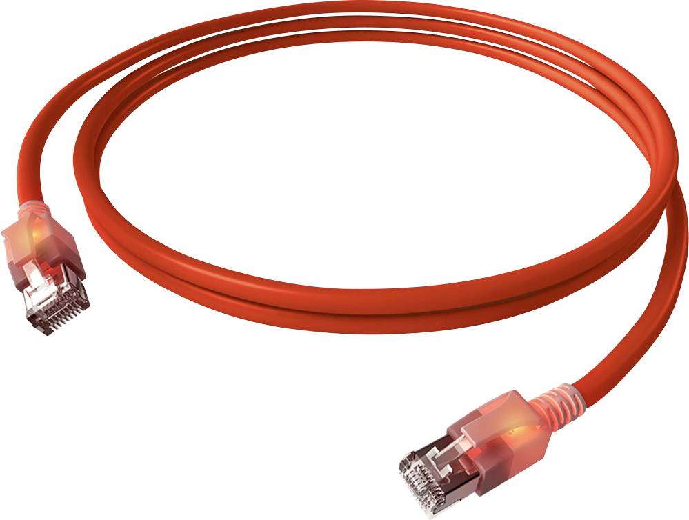 Rdeč ethernet kabel z dvema vtičema na obeh koncih, ki se uporablja za omrežne povezave.