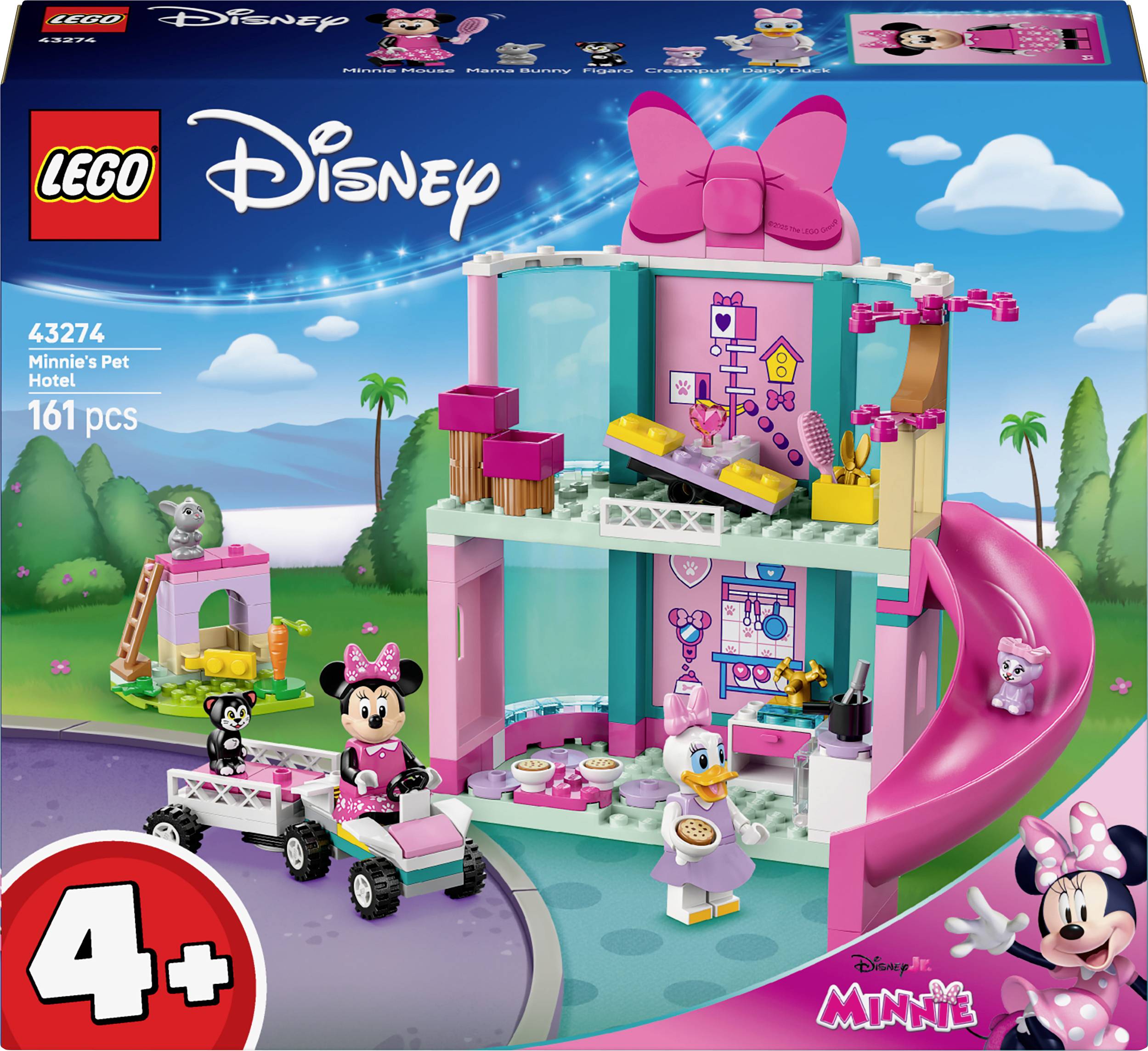 LEGO Disney komplet 'Minijina živalska bolnišnica' z Minnie Maus in Daisy Duck. Vsebuje 161 delov, rožnato fasado stavbe in igralno opremo. Od 4. leta naprej.