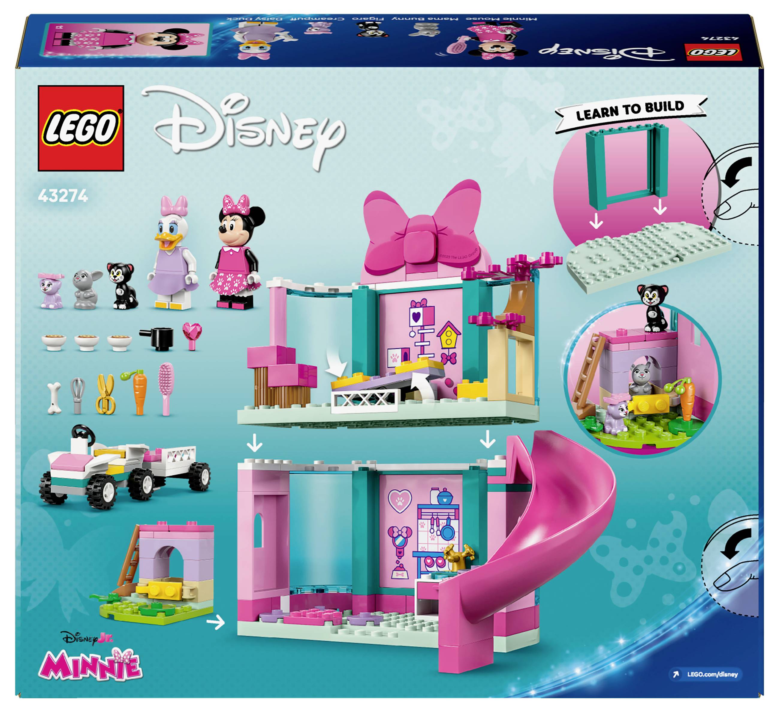 LEGO komplet za otroke: Minijina dvonadstropna hiša z tobogan in avtomobilom. Vsebuje figurico Minije, živalske figurice in dodatke za ustvarjalno igro.