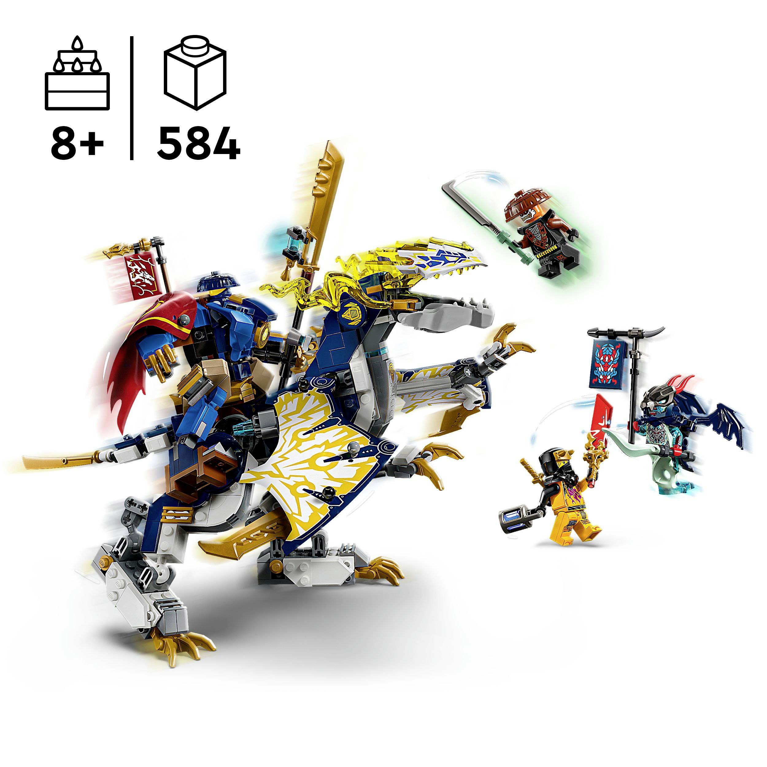 LEGO komplet z modrim zmajem in bojevniki. Starostna oznaka: 8+, 584 delov. Vsebuje opremo in dodatke v fantazijskem slogu.
