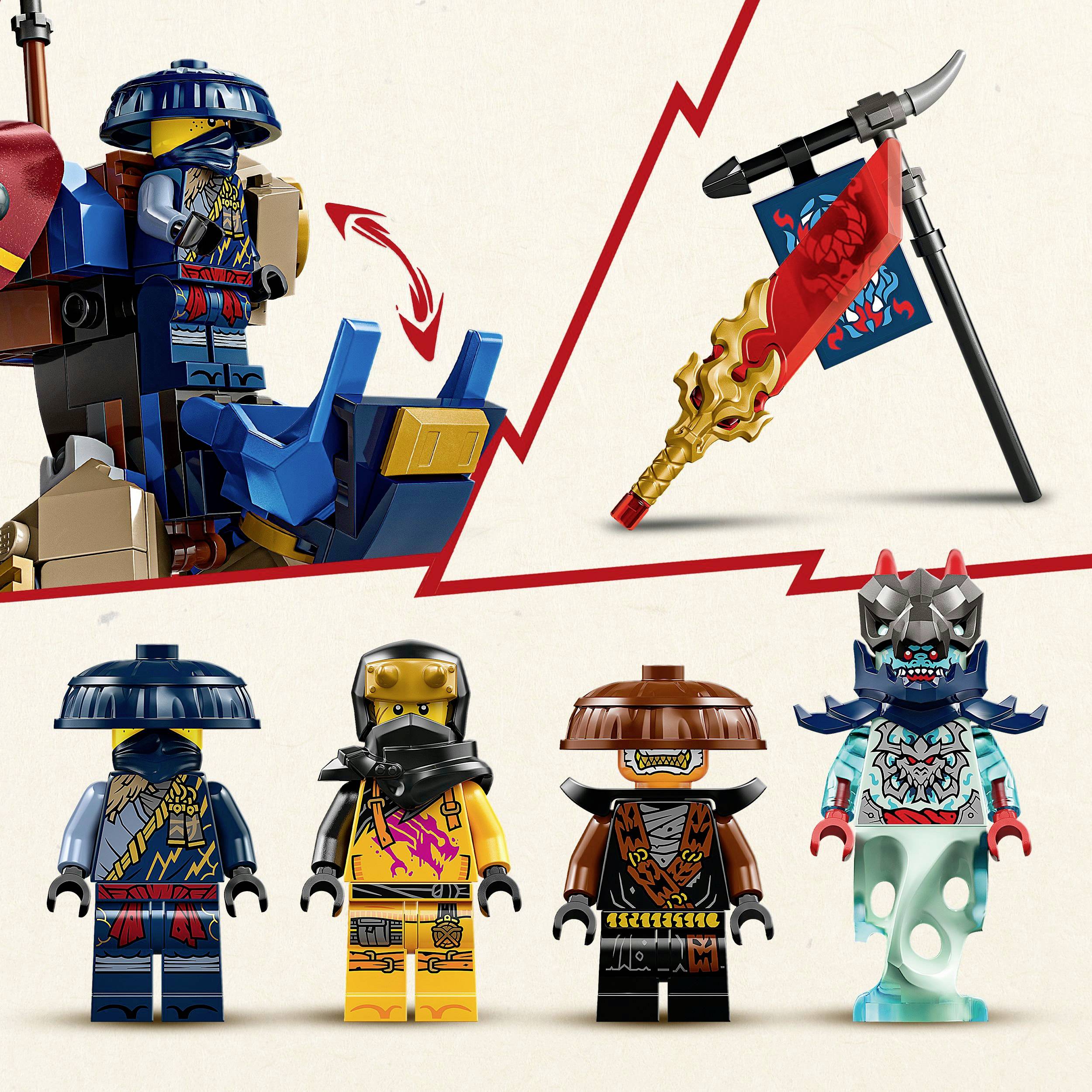 Pet Lego figuric v različnih kostumih z rdečo-modrim mehanskim vozilom in orožjem na stojalu.